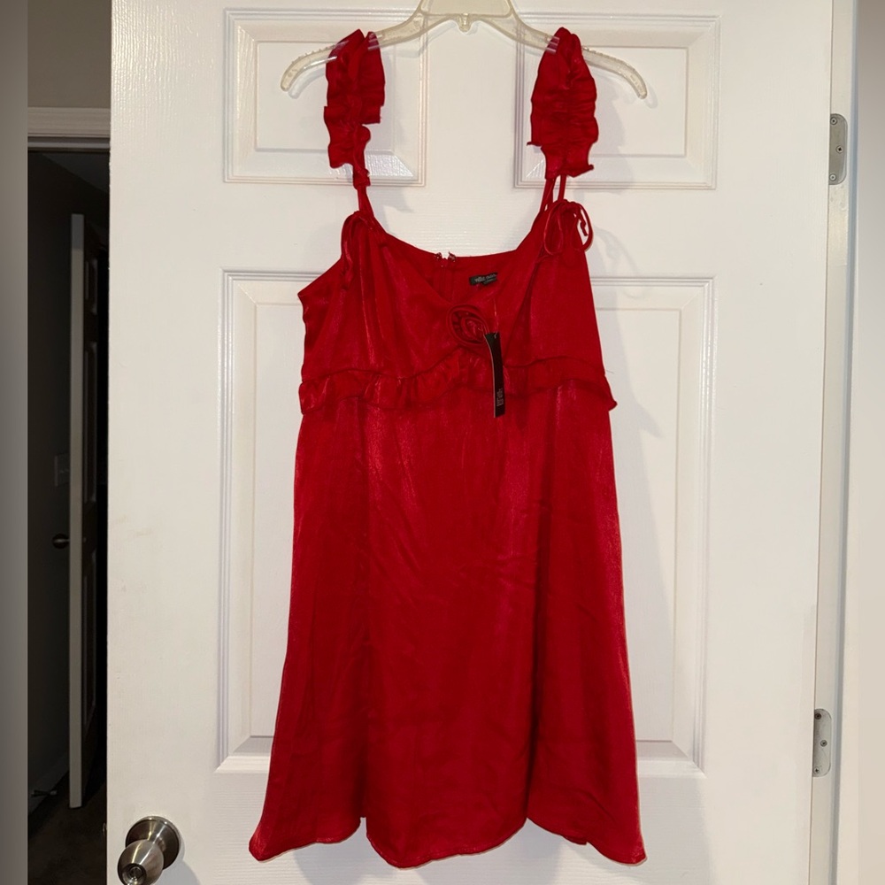 NWT New Wild Fable Red Satin Ruffle Dress with Floral Rose Ruffle Detail XL ❤️